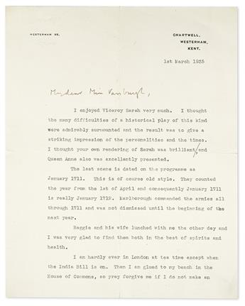 CHURCHILL, WINSTON S. Typed Letter Signed, with holograph salutation and closing, to actress Irene Vanbrugh (My dear Miss Vanbrugh),